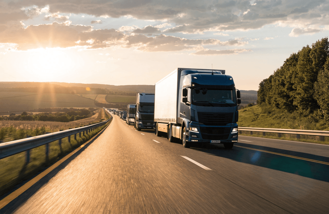 fleet-of-cargo-trucks-driving-on-highway--sunset